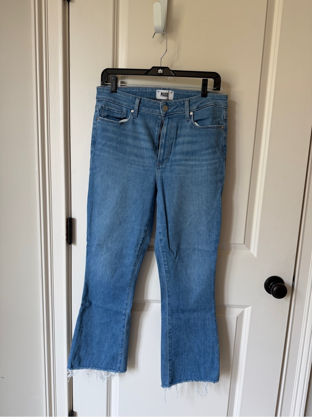 PAIGE Light Blue Flare Raw-Hem Jeans